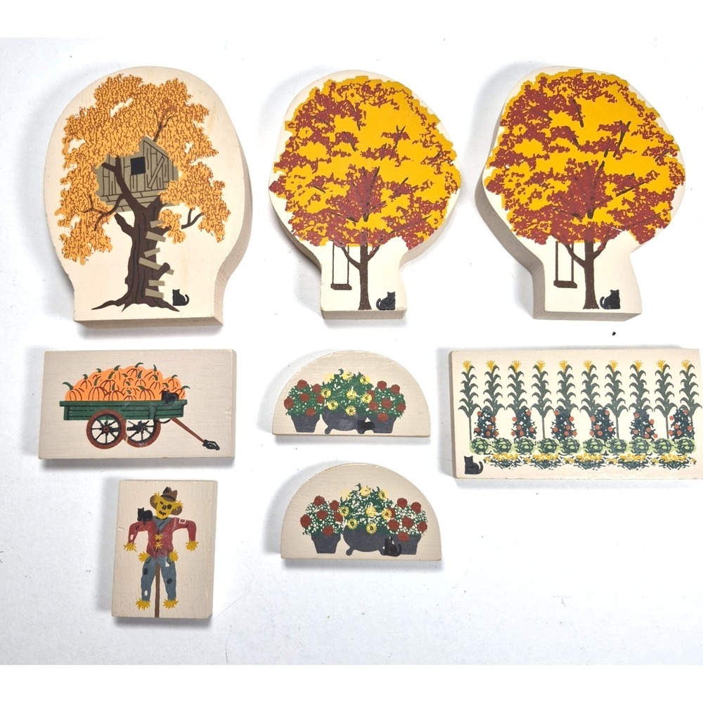 The Cat's Meow Village Lot of 8 Fall Autumn Trees Pumpkin Wagon Scarecrow Wood